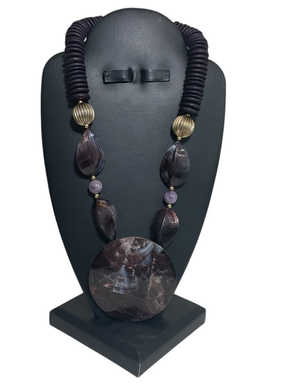 Artisan Abalone Mosaic Statement Necklace – Deep Purple Iridescent Beads with Br
